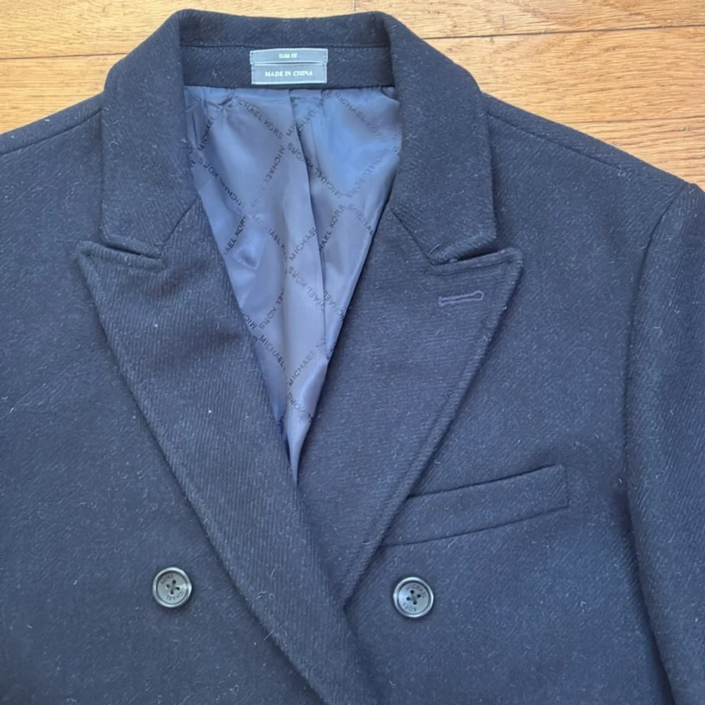 Michael Kors Men’s Slim Fit Dark Navy Double-Breasted Wool Pea Coat